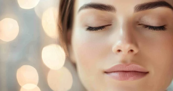 A young woman with her eyes closed is shown in a close-up shot, highlighting her face as she receives PDGF & PRF in Henderson, NV.