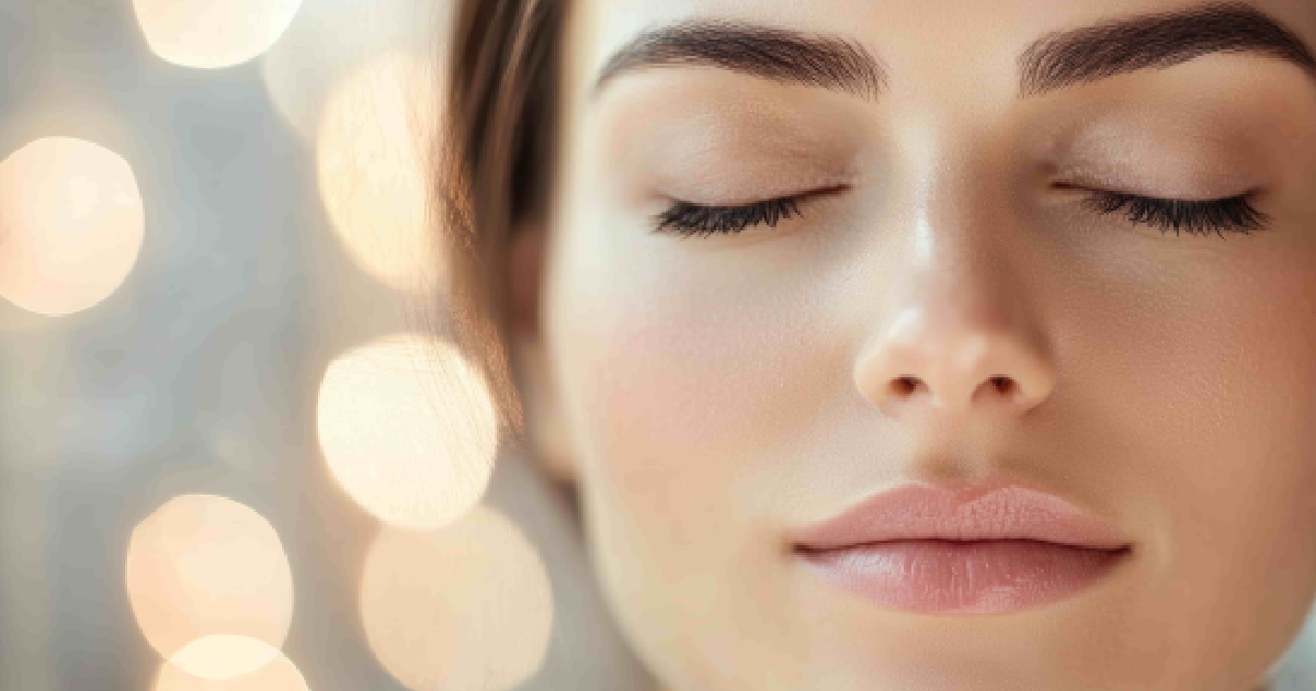 A young woman with her eyes closed is shown in a close-up shot, highlighting her face as she receives PDGF & PRF in Henderson, NV.
