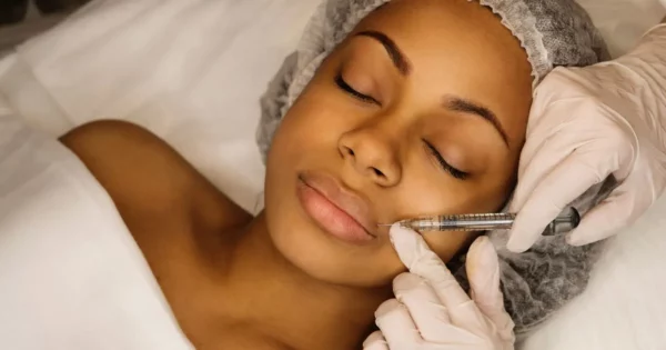 Non-surgical lip enhancement procedure, such as a lip flip (Botox) or lip filler, being performed on a woman.